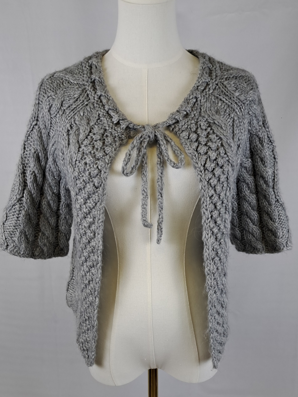 Aphorism Gray Cable Knit Tie Front Bolero Shrug Sweater Alpaca Wool Blend Size M